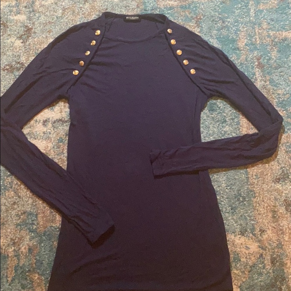 Balmain Navy Long Sleeve Knit Top with Gold Buttons